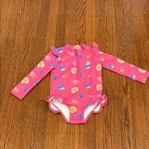 🍓 Eddie Bauer Pink Fruit & Floral Ruffle Rashguard Swimsuit • 18 Months
